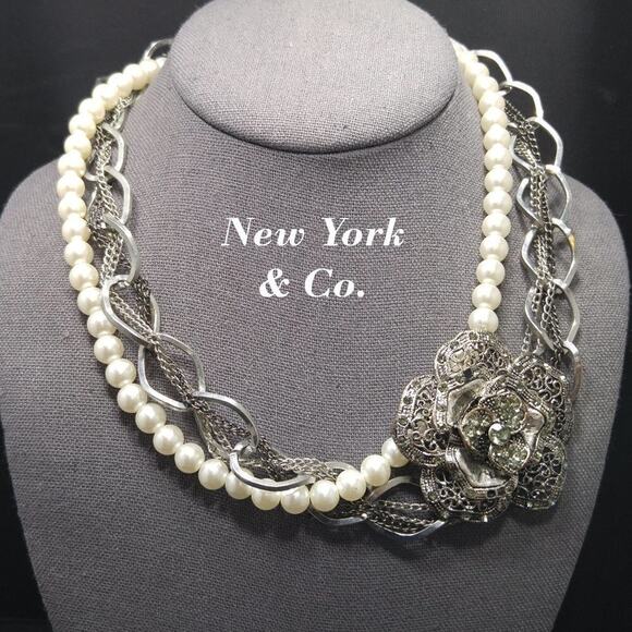 New York & Company Faux Pearl Side Rhinestone Pendant Necklace - Picture 1 of 7
